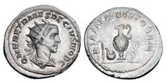 Roman Imperial Coins HERENNIUS ETRUSCUS, 251 AD. AR Antoninianus (3.94 gm) of Rome, as Caesar, 250-251 AD. Radiate draped bust / Simpulum, sprinkler, jug, patera and lituus. RSC.14. RIC.143(S). Toned 