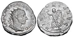 Roman Imperial Coins AEMILIAN, 253 AD. AR Antoninianus (4.44 gm). Radiate draped bust / Victory advancing holding wreath and palm. RIC.21(R). Toned VF. Rare.
