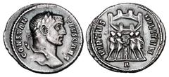 Roman Imperial Coins CONSTANTIUS I CHLORUS, 306-307 AD. AR Argentus (2.88 gm) of Rome. Laureate head / The Tetrarchy sacrificing in front of camp gate and walls. RIC.42b(S). Toned aXF. Scarce.