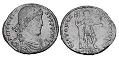 Roman Imperial Coins JOVIAN, 363-364 AD. Æ Double Centenionalis (9.33 gm) of Thessaloniki. Diademed draped bust / Emperor standing with Victory and labarum. RIC.238(R). XF, black patina, some smoothin