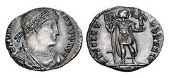 Roman Imperial Coins VALENTINIAN I, 364-375 AD. AR Siliqua (2.00 gm) of Lugdunum. Diademed draped and cuirassed bust / Emperor standing holding labarum and Victory. RIC.6a. Toned XF. ex East Harptree 