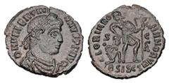 Roman Imperial Coins VALENTINIAN I, 364-375 AD. Æ Follis (2.38 gm) of Siscia. Diademed draped bust / Emperor advancing, holding labarum and dragging captive. RIC.14a. XF, brown patina.