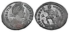 Roman Imperial Coins GRATIAN, 367-383 AD. Silvered Æ Centenionalis (5.63 gm) of Constantinople, 378-383 AD. Diademed helmeted bust / Emperor underway, Victory at the helm. RIC.52a. XF, brown black pat