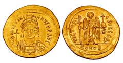 Byzantine Coins BYZANTINE EMPIRE. Justinian I, 527-565 AD. Gold Solidus (4.45 gm) of Constantinople. Helmeted bust facing / Angel standing, star in field. S.140. XF.