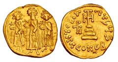 Byzantine Coins BYZANTINE EMPIRE. Heraclius, 610-641 AD. Gold Solidus (4.17 gm) of Constantinople. Heraclius, Heraclius Constantine and Heraclonas standing, each holding orb / Cross potent on steps. S