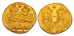 Byzantine Coins BYZANTINE EMPIRE. Leo IV & Constantine VI, 775-780 AD. Gold Solidus (4.40 gm) of Constantinople. Emperors enthroned / Facing busts of Leo III & Constantine V. S.1584. DOC.2. aXF.