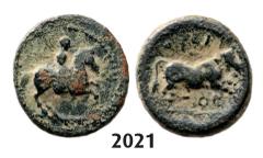 ANCIENT GREEK COINS Æ Dichalkon, Bronze (3.22g) Obv. Æ Dichalkon, Bronze (3.22g) Obv.: Horseman, bare headed, on horse prancing to right, border of dots. Rev.: ΑΤΡΑ-ΓΙΟΝ, bull jumping right, his forel