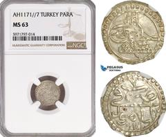 Ottoman Empire, Turkey, Mustafa III, 1 Para AH1171//7, Islambul Mint, Silver, KM# 295, NGC MS63, Top Pop! (Single highest graded!)