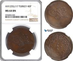 Ottoman Empire, Turkey, Abdülmecid, 40 Para AH1255/17, Kostantiniye Mint, KM# 670, NGC MS64BN, Top Pop (Single finest graded!)