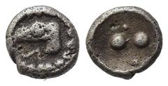 Greek Sicily, Akragas, c. 460-450/446 BC. AR Hexas or Dionkion (5mm, 0.13g). Eagle head r.; A before. R/ Two pellets. Westermark, Coinage, 523; HGC 2, 120 var. (eagle head l.). Very Rare, VF