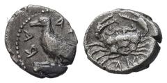 Greek Sicily, Akragas, c. 450-440 BC. AR Litra (9mm, 0.62g). Eagle standing l. on capital. R/ Crab. Westermark, Coinage, Period II, Series B.1; SNG ANS 989-995; HGC 2, 121. VF