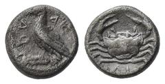 Greek Sicily, Akragas, c. 450-440 BC. AR Litra (8mm, 0.61g). Eagle standing l. on capital. R/ Crab. Westermark, Coinage, Period II, Series B.1; SNG ANS 989-995; HGC 2, 121. Porosity, near VF