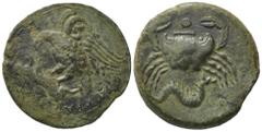 Greek Sicily, Akragas, c. 420-406 BC. Æ Hemilitron (27mm, 12.59g). Eagle l., clutching dead hare in talons. R/ Crab; below, ketos r. Cf. Westermark, Coinage, 797; CNS I, 19 var. (eagle r.); HGC 2, 136
