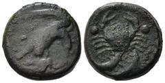 Greek Sicily, Akragas, c. 416-406 BC. Æ Hexas (19mm, 7.10g). Eagle standing r. on bird. R/ Crab; two pellets flanking; below, two fish r. Westermark, Coinage 933-4; CNS I, 64; HGC 2, 146. Good Fine