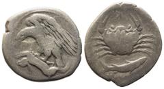 Greek Sicily, Akragas, c. 420-410 BC. AR Hemidrachm (17mm, 2.02g). Eagle l., clutching hare in talons. R/ Crab; below, fish r. Westermark, Coinage, 557-61; HGC 2, 103-4. Good Fine - near VF