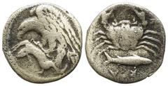 Greek Sicily, Akragas, c. 420-406 BC. AR Hemidrachm (14mm, 1.46g). Eagle standing l. tearing at hare. R/ Crab; below, fish r. Westermark, Coinage, 539; HGC 2, 104. Good Fine