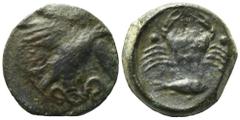 Greek Sicily, Akragas, c. 420-406 BC. Æ Hexas (19mm, 6.76g). Eagle standing r. on serpent. R/ Crab; two pellets flanking, grouper below. Westermark, Coinage, 985; CNS I, 65; SNG ANS 1056-7; HGC 2, 147