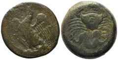 Greek Sicily, Akragas, c. 425/0-410/06 BC. Æ Hemilitron (27mm, 21.21g). Eagle standing l., head raised, wings spread, on fish; [cicada to l.]. R/ Crab; below, triton r., blowing conch; six pellets (ma