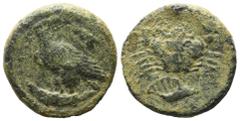 Greek Sicily, Akragas, c. 415-406 BC. Æ Onkia (17mm, 3.57g). Eagle standing l., head r., on fish; cicada to r. R/ Crab; conch shell below. Westermark, Coinage, 992; CNS I, 86; SNG ANS 1062; HGC 2, 151