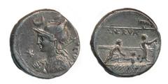 P. Licinius Nerva, Licinia, Denarius, Rome, 113/2 (RRC) 99-94 (BMCRR), ar, 3,9 g, 17,50 mm, D/ Bust of Roma l., wearing helmet (helmet has plume on each side) and holding shiled in l. hand and spear o