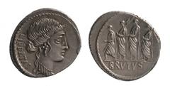 Brutus, Iunia, Denarius, Rome, 54 B.C. (RRC) 59 B.C. (BMCRR), ar, 3,8 g, 19,27 mm, D/Head of Libertas r.; behind, LIBERTAS downwards, R/ L. Iunius Brutus,cos. 509, walking l., between two lictors and 