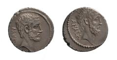 Brutus, Iunia, Denarius, Rome, 54 B.C. (RRC) 59 B.C. (BMCRR), ar, 3,9 g, 18,25 mm, D/ Head of L. Iunius Brutus; behind, BRVTVS, R/ Head of C. Servilius Ahala; behind AHALA, RRC 433/2; BMCRR Rome 3864;