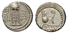 C. Cassius, Brutus, Lentulus Spint , Cassia Iunia Cornelia, Denarius, mint moving with Brutus and Cassius, 43-42 B.C. (RRC), ar, 3,9 g, 18,10 mm, D/ Axe, culullus and knife; below, BRVTVS, R/ Jug and 
