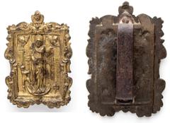 Plaquettes from 14th to 19th century MADONNA WITH CHILD AND SAINT JOHN ITALIAN SCHOOL, ROME?, 17th century Pax gilded Ae fusion; 144.6 x 102.4 mm; 498.9 g. The Madonna, on a crescent moon, holds the C