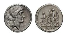 M. Iunius Brutus, Iunia, Denarius, Rome, 54 BC (RRC) 59) BC (BMCRR), AR, gr. 4,2, mm 20, Head of Libertas r.; behind, LIBERTAS downwards, L. Iunius Brutus,cos. 509, walking l., between two lictors and