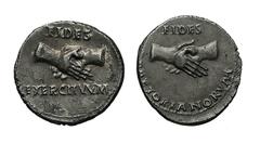 Vitellius (69), Denarius, Lugdunum, 69 A. C., AR, gr. 3,4, mm 16, FIDES - EXERCITVVM above and below clasped right hands, FIDES PRAETORIANORVM above and below clasped right hands . RIC 121; BMCRE 65; 