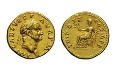Vespasianus (69-79), Aureus, Rome, 71 AC, AV, gr. 7,3, mm 19, IMP CAES AVG PM, laureate head r., TRI POT II COS III PP; Pax seated l., holding branch. Calic˜ 688; Co 565.About extremely fine.Aureo 