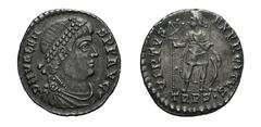 Valens (364-378), Miliarensis, Augusta Treverorum, 367-375 AC, AR, gr. 4,5, mm 23, D N VALEN S P F AVG, Diademed, draped and cuirassed bust right. , VIRTVS EXERCITVS Emperor standing holding standard,