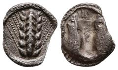 Greek Southern Lucania, Metapontion, c. 470-440 BC. AR Triobol (12 mm, 0.90 g). Barley ear. R/ Incuse bucranium. Noe 275ff.; HNItaly 1487. Near VF