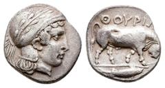 Greek Southern Lucania, Thourioi, c. 443-400 BC. AR Triobol (12 mm, 1.18 g). Helmeted head of Athena r., helmet decorated with wreath. R/ Bull standing r.; fish in exergue. HNItaly 1777; SNG ANS 1125-