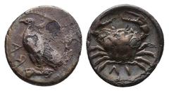 Greek Sicily, Akragas, c. 450-440 BC. AR Litra (11 mm, 0.53 g). Eagle standing l. on capital. R/ Crab. Westermark, Coinage, Period II, Series B.1; SNG ANS 989–995; HGC 2, 121. VF