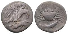 Greek Sicily, Akragas, c. 420-410 BC. AR Hemidrachm (17 mm, 1.95 g). Eagle r., clutching hare in talons. R/ Crab; below, fish r. Westermark, Coinage, 572-3; SNG ANS 1003-9; HGC 2, 104. Near VF