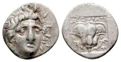 Greek Islands of Caria, Rhodos. Rhodes, c. 170-150 BC. AR Hemidrachm (12 mm, 1.19 g). 'Plinthophoric' coinage. Dexikrates, magistrate. Radiate head of Helios facing slightly r. R/ Rose with bud to r.;