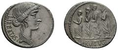 The Roman Republic M. Iunius Brutus, Rome, 54 BC (RRC) 59 BC (BMCRR), Denarius , AR, gr. 3,5, mm 17,5/20. Head of Libertas r.; behind, LIBERTAS. Rv. L. Iunius Brutus walking l., between two lictors an