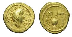 The Roman Republic C. Iulius Caesar, A. Hirtius, Iulia - Hirtia, Rome, 46 B.C. (RRC e BMCRR), Aureus , AV, gr. 8,0, mm 18,5. Female head r., wearing veil; around, C. CAESAR COS.TER. Rv. Lituus , jug a