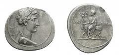 The Roman Republic Octavianus (27 BC-14 AC), Rome (?), 30- 29 BC, Denario , AR, gr. 3,8, mm 17,5/20. Laureated head of Octavianus as Jupiter Terminus r., thunderbolt behind. IMP CAESAR, Octavianus sea