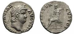 The Roman Empire Nero (54-68), Rome, AD 64 - 65, Denarius , AR, gr. 3,5 , mm 17,6 . NERO CAESAR AVGVSTVS, Laureated head r.. Rv. IVPITER CVSTOS, Jupiter seated l., bare to the waist, holding thunderbo