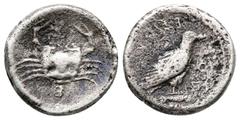 Greek Sicily, Akragas, c. 465/4-446 BC. AR Hemidrachm (14mm, 2.07g). Eagle standing r. R/ Crab. Westermark, Coinage, -; HGC 2, -. Very Rare, Good Fine