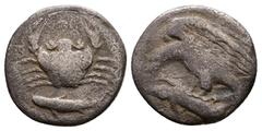 Greek Sicily, Akragas, c. 420-406 BC. AR Hemidrachm (15mm, 1.87g). Eagle standing l. tearing at hare. R/ Crab; below, fish l. Westermark, Coinage, 536; SNG ANS 1002; HGC 2, 104. Good Fine