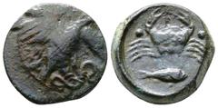 Greek Sicily, Akragas, c. 420-406 BC. Æ Hexas (19mm, 6.76g). Eagle standing r. on serpent. R/ Crab; two pellets flanking, grouper below. Westermark, Coinage, 985; CNS I, 65; SNG ANS 1056-7; HGC 2, 147