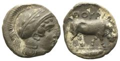 Greek Lucania, Thourioi (c. 443-400 BC), Triobol; AR (1,16 g; 11,5 mm) Helmeted head of Athena r.; Rv. ΘΟΥΡΙΩΝ, bull standing r., with head lowered; in exergue, tunny fish. SNG ANS 1125-34; HN Italy 1