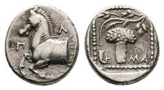 Greek Greek Thrace, Maroneia, c. 377-365 BC. AR Triobol (13mm, 2.82g). Forepart of horse l. R/ Grape bunch on vine in dotted linear square; rhyton to lower l.; all within shallow incuse square. Schöne