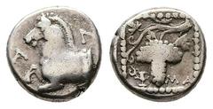 Greek Greek Thrace, Maroneia, c. 377-365 BC. AR Triobol (13mm, 2.53g). Forepart of horse l. R/ Grape bunch on vine in dotted linear square; kantharos to lower l.; all within shallow incuse square. Sch