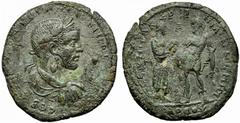 Cilicia - Macrinus (AD 217-218), Tarsus, AE, g 17.28, mm 34, Laureate, draped, and cuirassed bust r., small statue of Apollo Lyceius in r. field; countermark: club in incuse circle, Rv. Tyche standing