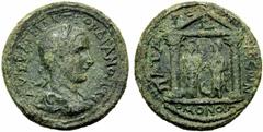 Lycia - Gordian III (AD 238-244), Patara and Myra, in alliance, AE, g 21.22 , mm 31 , Laureate, draped and cuirassed bust r., Rv. ATAPEON Ð MYPE½N / OMONIA, statues of Zeus and Artemis standing in tet