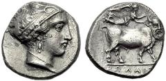 Campania, Didrachm, Nola, 360-325 BC, AR, g 7,06, mm 19, Diademed head of nimph r., Rv. N½ AIO , Man-headed bull r., above Nike crowning him. SNG ANS 550; HN Italy 605.Rare. Lightly toned. Rare this 